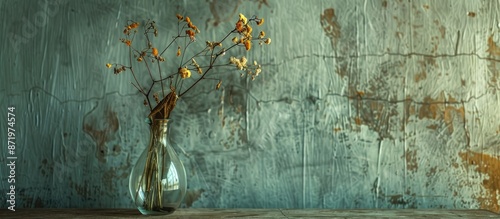 Retro-style image featuring a dried flower in a tall clear vase set against an aged cement wall backdrop with captivating copy space image. photo