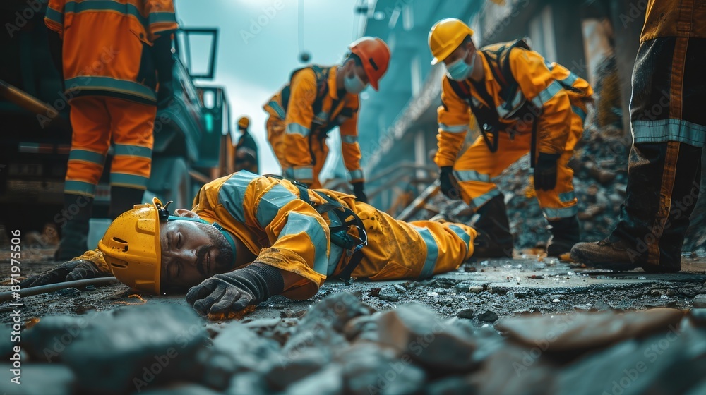 Fototapeta premium Industrial accident where people were injured, the injured person is lying in the foreground, others are giving him first aid. Generative AI.
