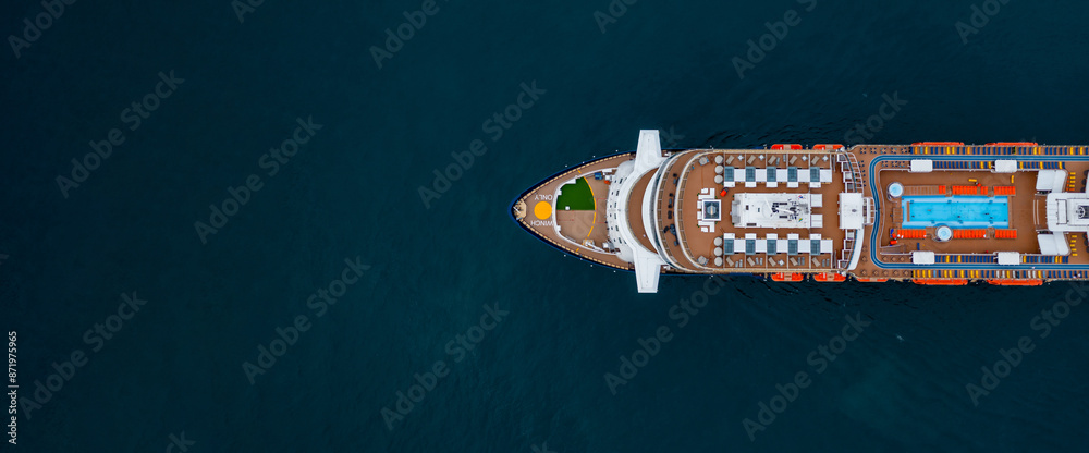 Aerial view cruise ship traveling over the ocean, Cruise ship liner cruise ship luxury cruise in the ocean, Luxury tourism travel on holiday take vacation time.