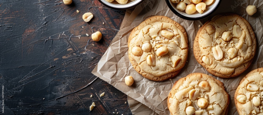An aerial shot of white chocolate macadamia nut cookies with a copy space image.