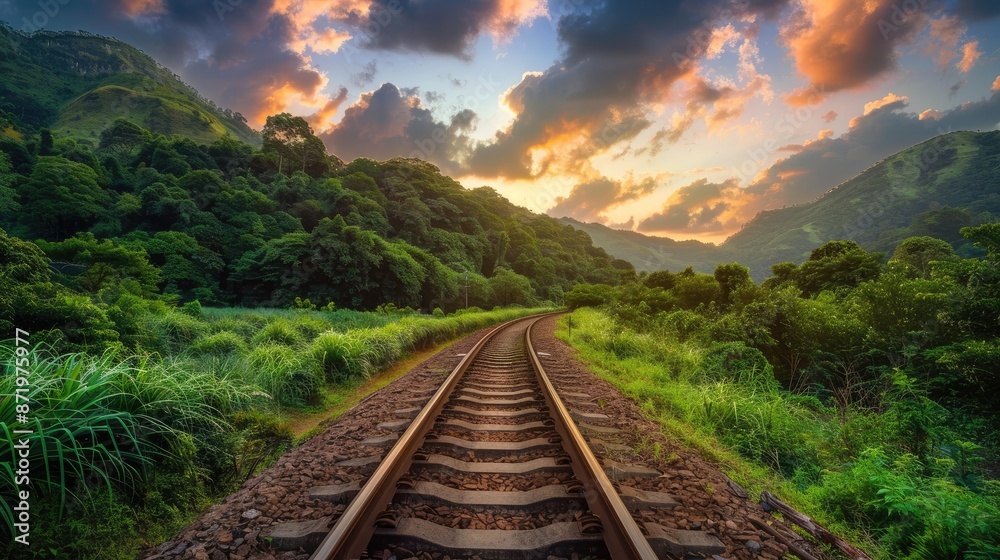 Beautiful landscape of railroad tracks running through a picturesque green forest, showcasing the harmony between man-made infrastructure and nature