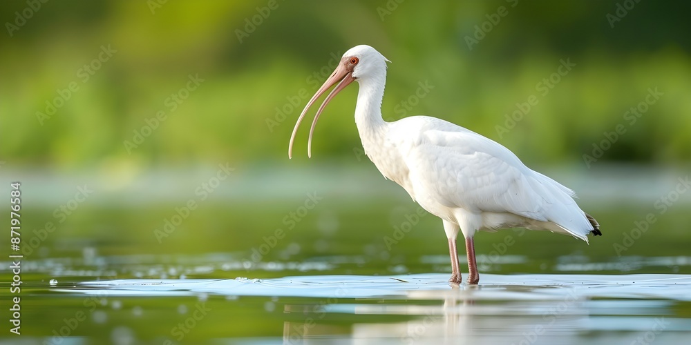 White ibis stands in pond looking left with blurred green background. Concept Wildlife Photography, Bird Watching, Nature Scenes, Colorful Feathers, Wetland Habitats White ibis stands in pond looking left with blurred green background. Concept Wildlife Photography, Bird Watching, Nature Scenes, Colorful Feathers, Wetland Habitats