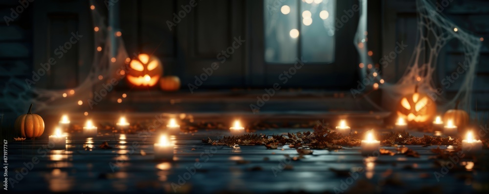 Obraz premium Spooky Halloween scene with glowing pumpkins, candles, and spider webs decorating a dimly lit porch at night.