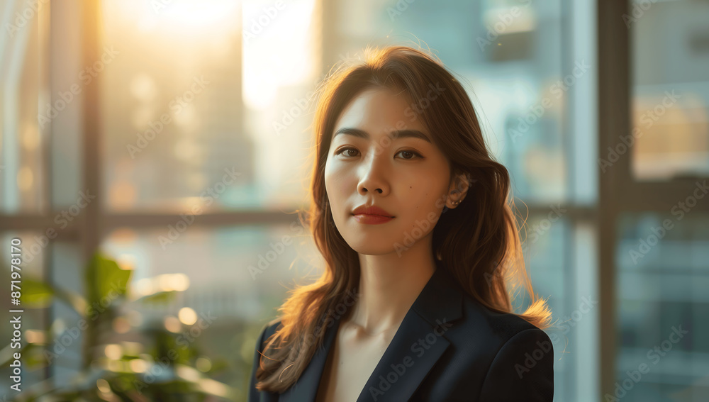 Elegant Asian Businesswoman Posing in a Sunlit Modern Office, Representing Professionalism and Corporate Success Elegant Asian Businesswoman Posing in a Sunlit Modern Office, Representing Professionalism and Corporate Success