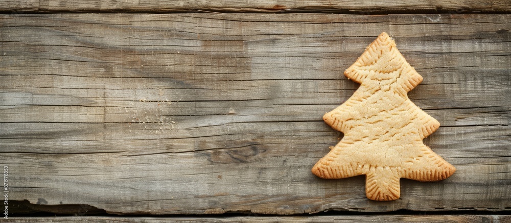 Christmas tree-shaped cookie on a wooden background with copy space image. Christmas tree-shaped cookie on a wooden background with copy space image.