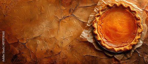 Thanksgiving and fall holidays concept with a small pumpkin pie displayed on a rustic handmade bark paper featuring ample copy space image. photo