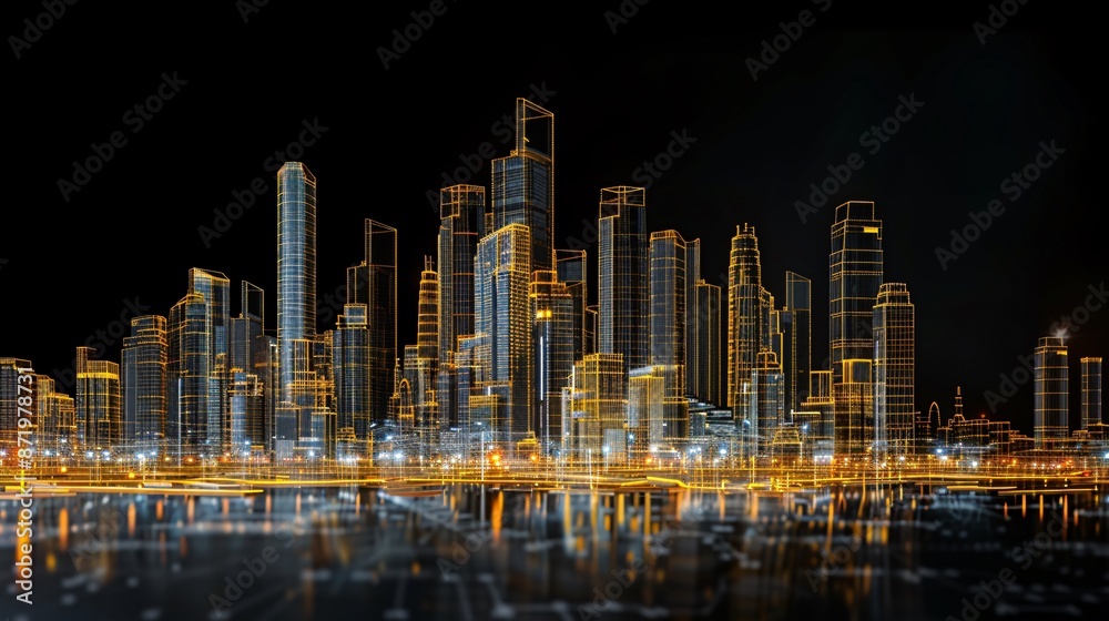 Fototapeta premium Modern tower cityscape in 3D architectural wireframe design model.