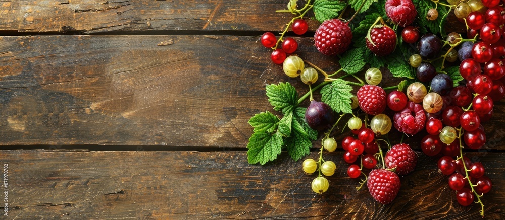 Assorted berries like currants, raspberries, and gooseberries displayed on a rustic wooden table with a blank space for an image. Assorted berries like currants, raspberries, and gooseberries displayed on a rustic wooden table with a blank space for an image.