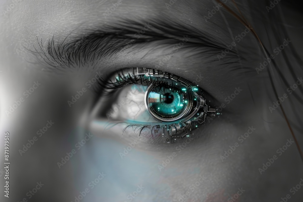 Fototapeta premium A close-up of a woman eye with a futuristic cybernetic prosthetic