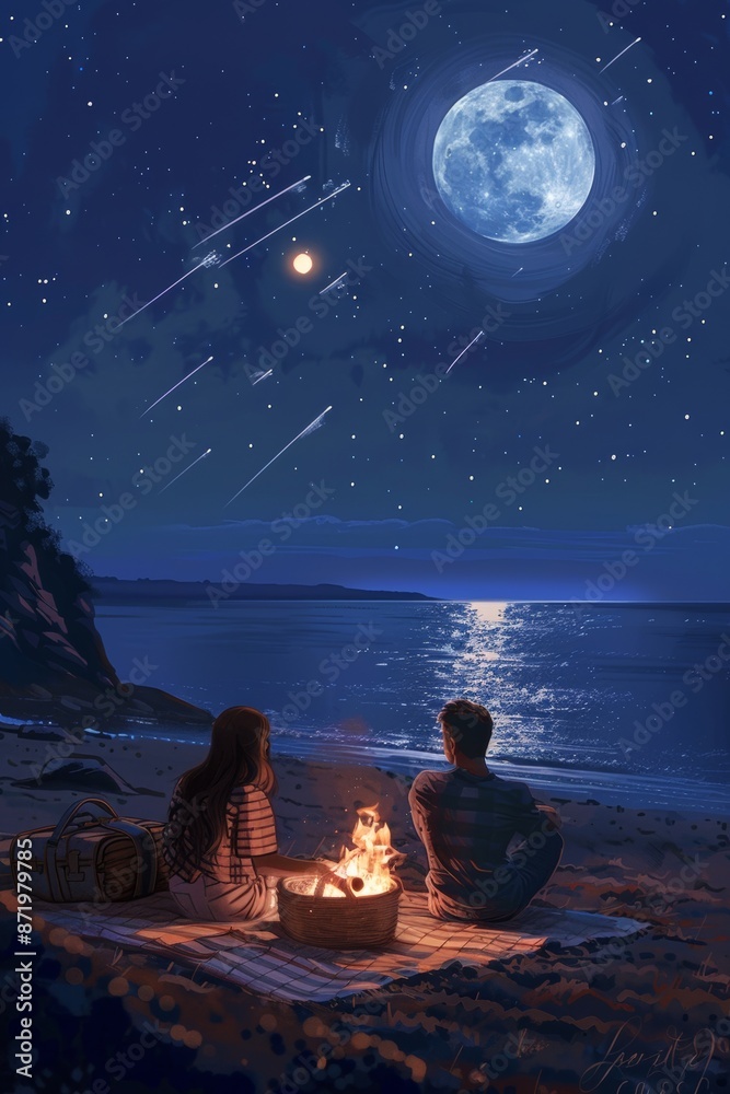 Fototapeta premium A romantic scene with a couple sitting on a beach at night