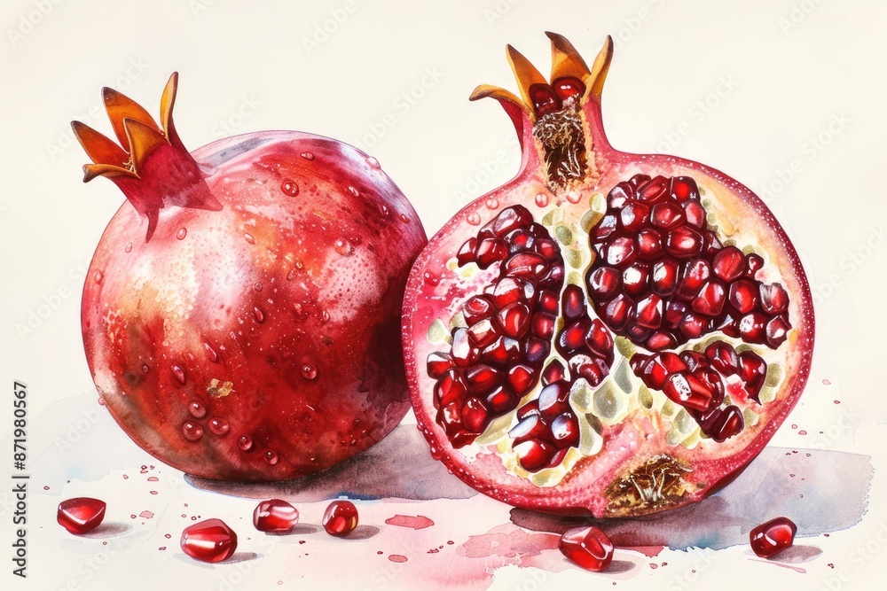 Detailed watercolor painting of a cut-open pomegranate, revealing its juicy seeds, with vibrant reds and pinks, set against a neutral background, Detailed watercolor painting of a cut-open pomegranate, revealing its juicy seeds, with vibrant reds and pinks, set against a neutral background,