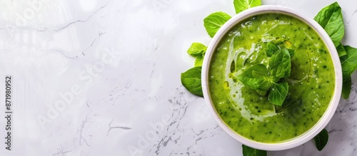 A vibrant spring vegetable soup displayed on white marble with copy space, seen from above.