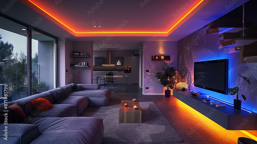 Create a minimalist modern living room with a low-profile sofa, a minimalist TV stand, and LED strips installed along Create a minimalist modern living room with a low-profile sofa, a minimalist TV stand, and LED strips installed along