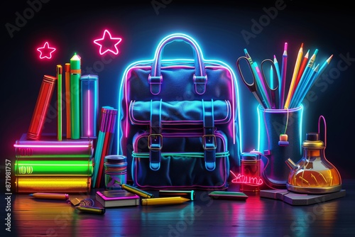 Neon School Supplies and Backpack with Glowing Highlights in a Modern Digital Art Style photo