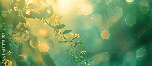 Green blurred background with a yellow tint featuring bokeh circles surrounding wildflowers and leaves, ideal for copy space image. photo