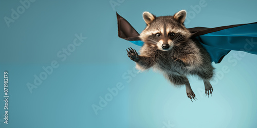 A raccoon flying in a superhero's cape. Background with copy space.