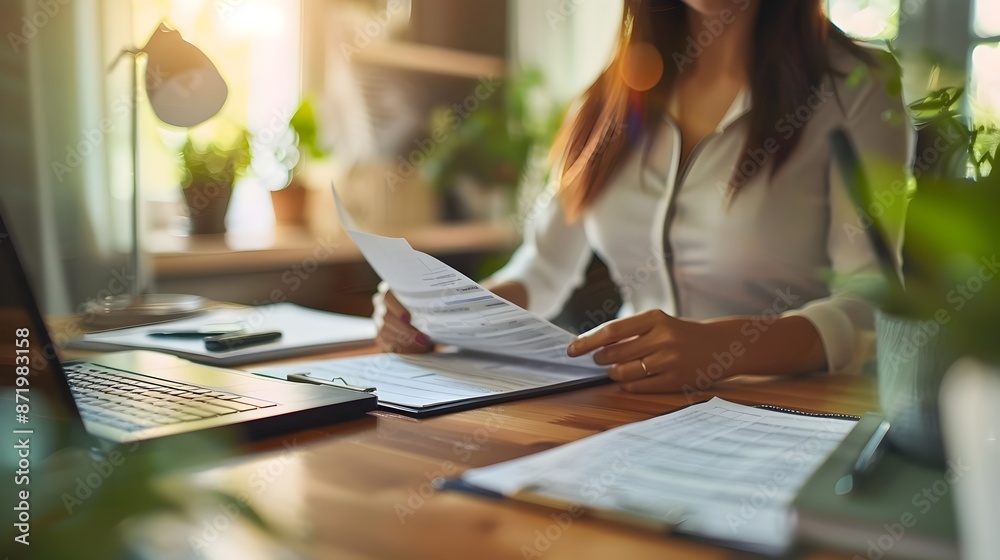 Businesswoman Reviews Tax Documents at Corporate Desk for Professional Planning Businesswoman Reviews Tax Documents at Corporate Desk for Professional Planning