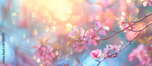 Soft pastel card with spring blooms in focus, blurred light bokeh heart background, and ample copy space image.