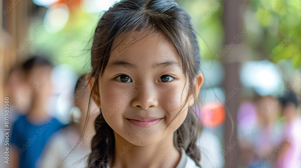 A close-up portrait of an Asian girl with dark hair, smiling at the camera in front of her school classroom. She has beautiful eyes and is wearing white background shows other children playing outside A close-up portrait of an Asian girl with dark hair, smiling at the camera in front of her school classroom. She has beautiful eyes and is wearing white background shows other children playing outside