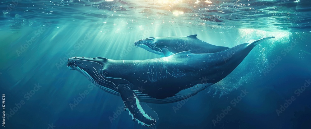 Fototapeta premium Humpback Whale Calf Photobombing Its Mother, Tail Slapping The Water,High Resolution, Ultra HD