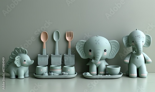 cute elephant shaped, dinosaur shaped baby plate, utensils, a small bowl on a soft green background.illustration photo