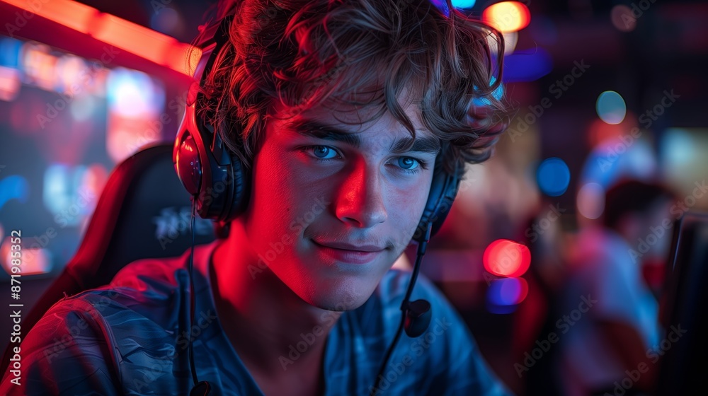 Young Gamer Wearing Headphones In A Video Game Arcade Young Gamer Wearing Headphones In A Video Game Arcade