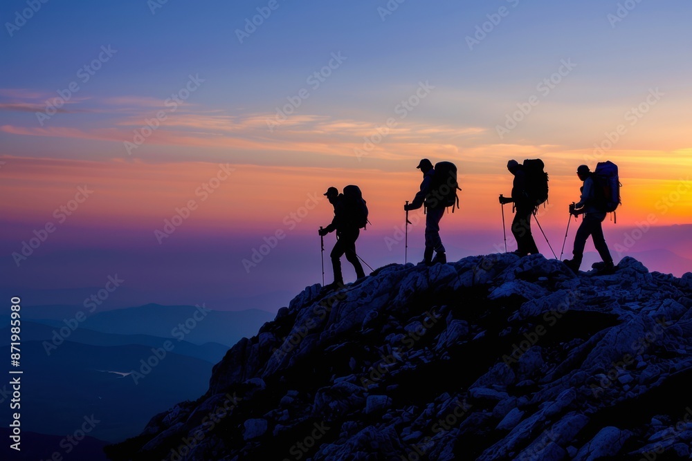Fototapeta premium A silhouette of five hikers walking on the top of a mountain at dusk, silhouette photography Generative AI