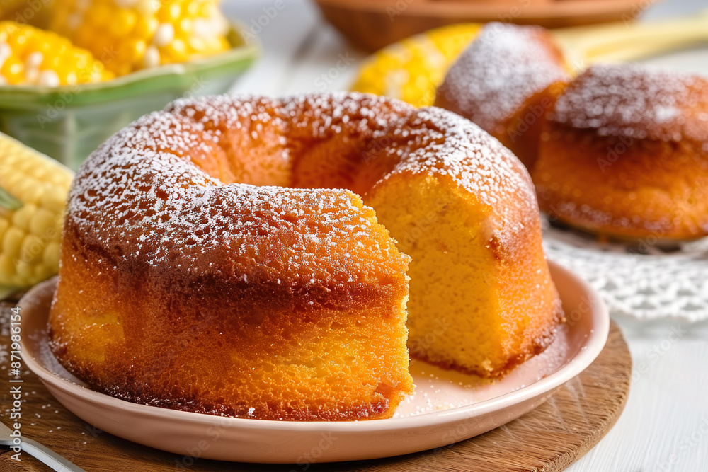 A piece of homemade round brazilian Corn Cake (bolo de milho), a vegan and healthy delicious dessert, cornmeal cake slices on plate. Close Up View. A piece of homemade round brazilian Corn Cake (bolo de milho), a vegan and healthy delicious dessert, cornmeal cake slices on plate. Close Up View.