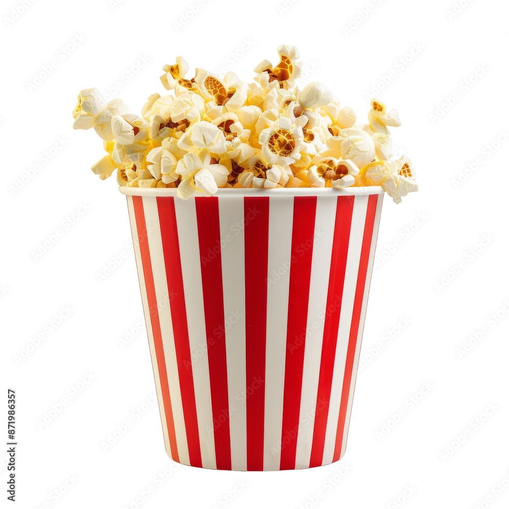 A striped red and white popcorn bucket filled to the top with freshly popped popcorn, perfect for movie nights or snacks. transparent background. A striped red and white popcorn bucket filled to the top with freshly popped popcorn, perfect for movie nights or snacks. transparent background.