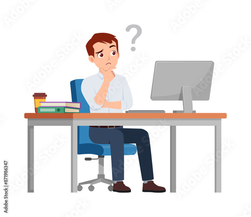 man employee sit think in desk working on office with computer and question mark
