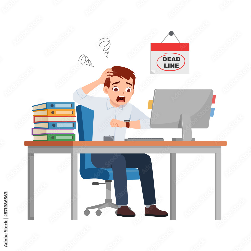 man employee sit in desk working on office and panic because of deadline man employee sit in desk working on office and panic because of deadline