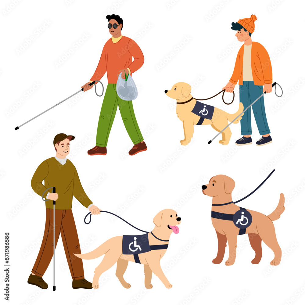 Set of illustrations of people with disabilities and a guide dog in ...
