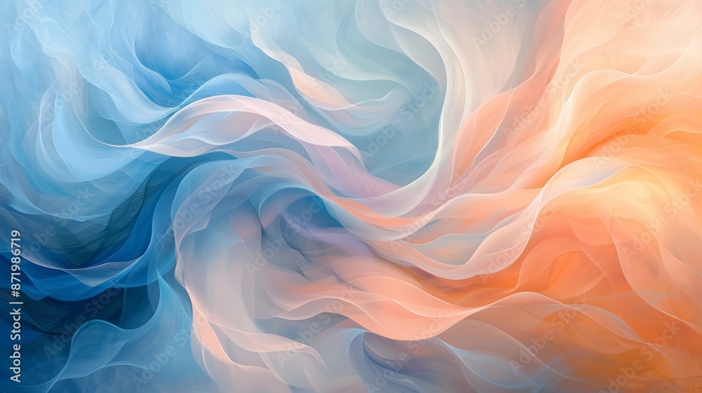 Abstract swirling pattern in blue, orange and white.