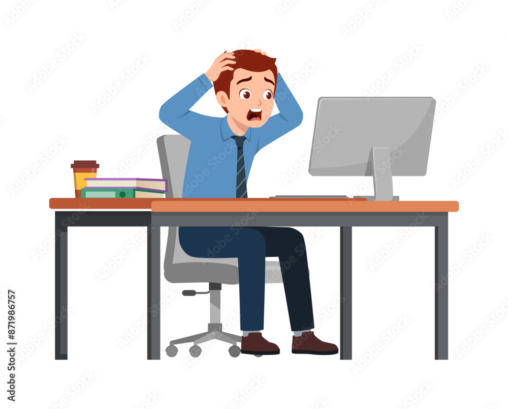 man employee sit in desk working on office and scream and panic man employee sit in desk working on office and scream and panic