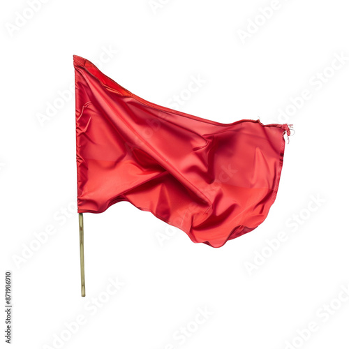 Close-up of a red flag blowing in the wind on a white background, representing warning, danger, or signaling. transparent background.