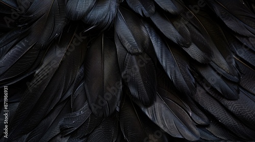 Close-up of black feathers forming a textured, abstract backdrop, ideal for artistic and creative projects