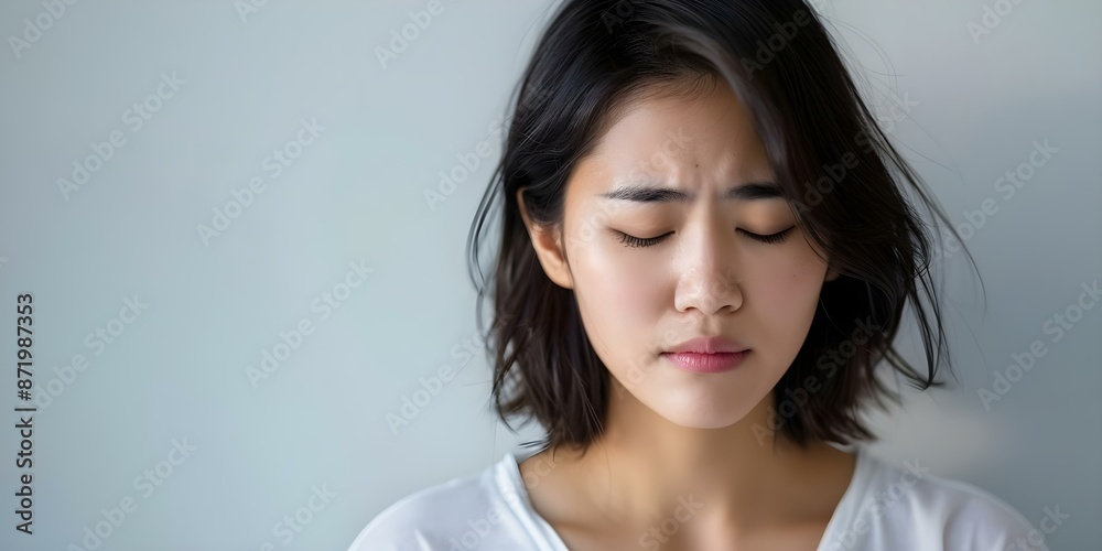 Young Asian woman with acid reflux symptoms seeking treatment options. Concept Acid Reflux Symptoms, Treatment Options, Young Asian Woman, Digestive Health, Seeking Help Young Asian woman with acid reflux symptoms seeking treatment options. Concept Acid Reflux Symptoms, Treatment Options, Young Asian Woman, Digestive Health, Seeking Help
