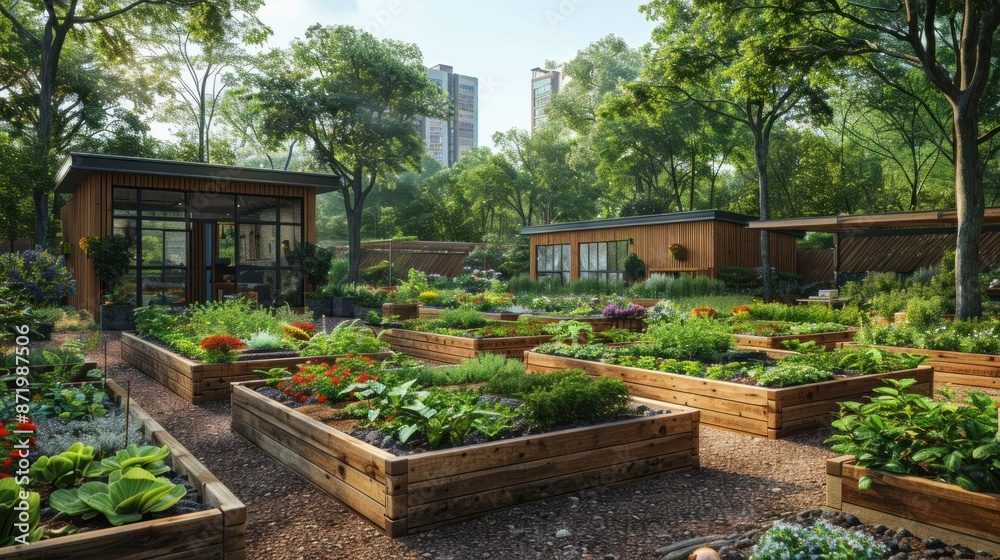 Depict a zero-waste community garden where residents compost, recycle, and grow their own food contributing to carbon neutrality Depict a zero-waste community garden where residents compost, recycle, and grow their own food contributing to carbon neutrality