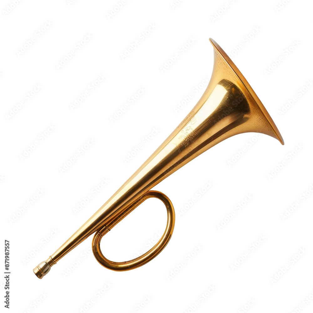 Fototapeta premium Golden vintage trumpet isolated on white background. Classic brass wind instrument. Ideal for music and band-themed projects. transparent background.