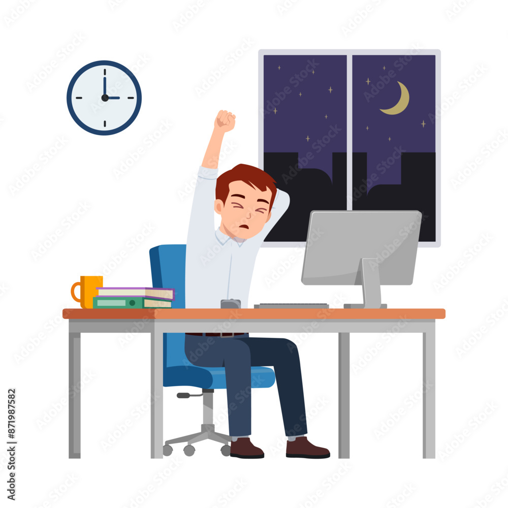 man employee work overtime at night, feeling sleepy and sit in desk working on office with computer man employee work overtime at night, feeling sleepy and sit in desk working on office with computer