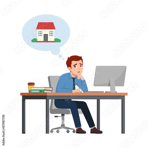 man employee think and want to go home, sit in desk working on office with computer