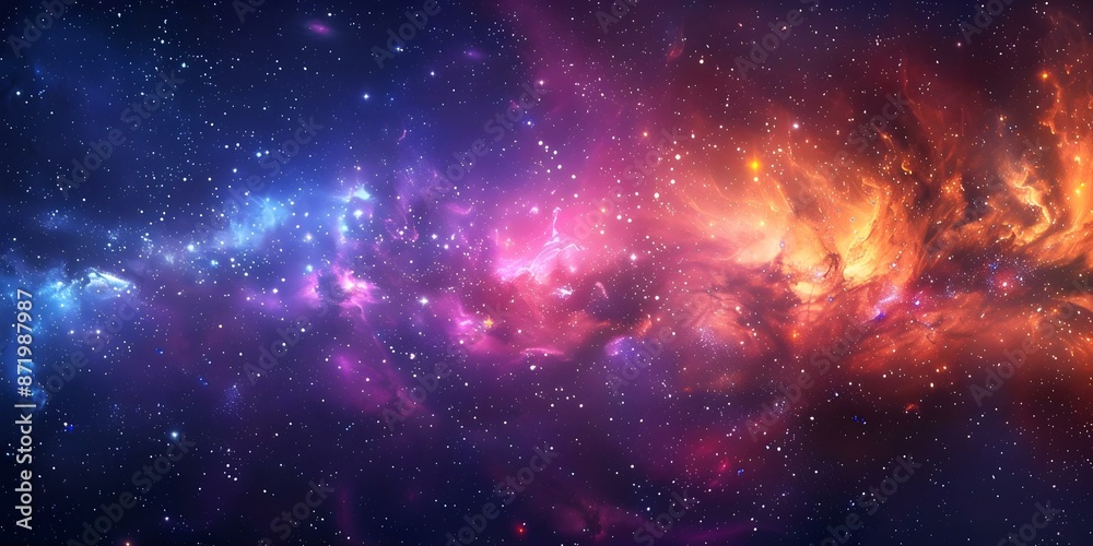 Fototapeta premium Vivid celestial artwork capturing galaxies nebulas colorful gases and bright stars. Concept Space Art, Celestial Paintings, Colorful Galaxies, Bright Nebulas, Starry Skies