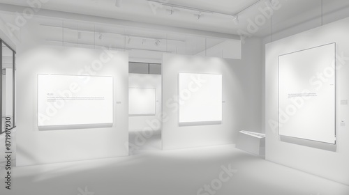 white lit gallery with four blank posters of differend sizes on eye level, each poster is on a different wall  photo