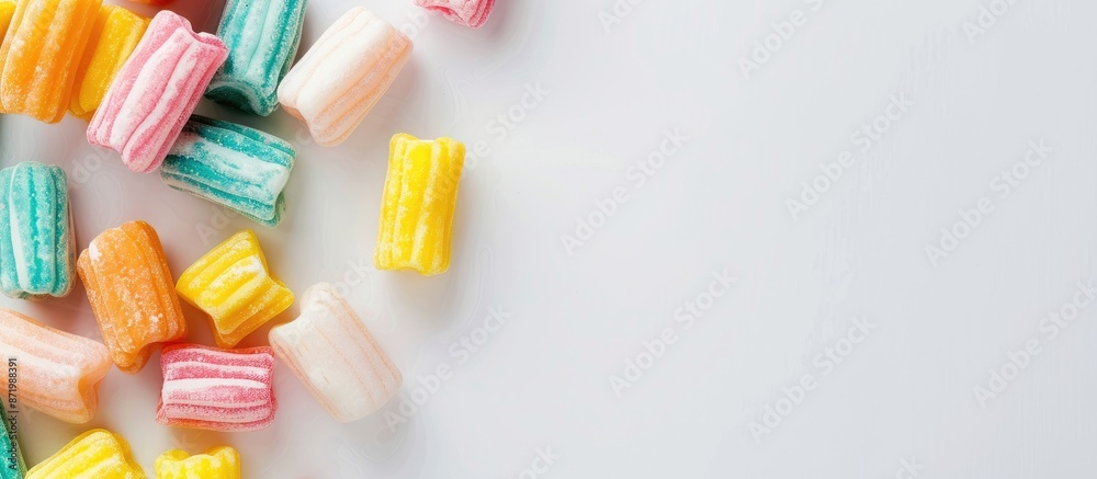 Top view of sweet chewing gums on a white background with copy space image. Top view of sweet chewing gums on a white background with copy space image.