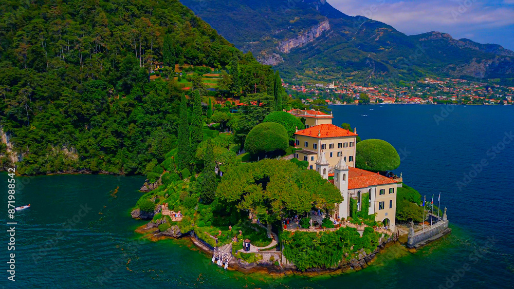 Aerial view of the luxury Villa Balbianello with terraced gardens, on the rocky wooded peninsula of Lavedo on Lake Como, panorama, picturesque residence. Green Planet. Nature. Lenno Italy 12.07.2024 Aerial view of the luxury Villa Balbianello with terraced gardens, on the rocky wooded peninsula of Lavedo on Lake Como, panorama, picturesque residence. Green Planet. Nature. Lenno Italy 12.07.2024