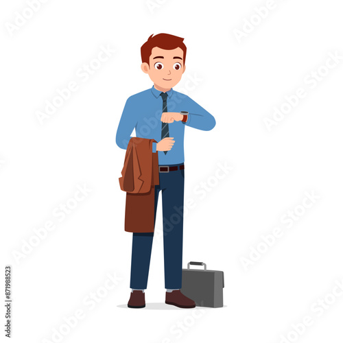 man standing an look at his watch on hand