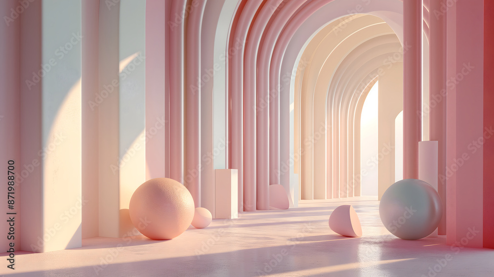 abstract 3d scene arched door and white ball with pink background and sunlight, 3d render in the minimal style