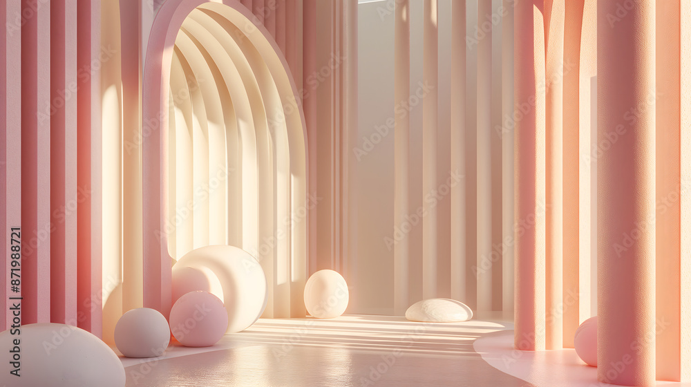 Fototapeta premium abstract 3d scene arched door and white ball with pink background and sunlight, 3d render in the minimal style