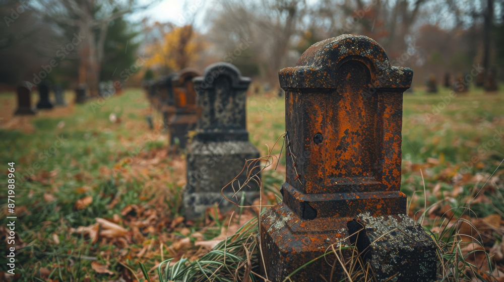 A cemetery with several gravestones, one of which is a small, rusted, black A cemetery with several gravestones, one of which is a small, rusted, black