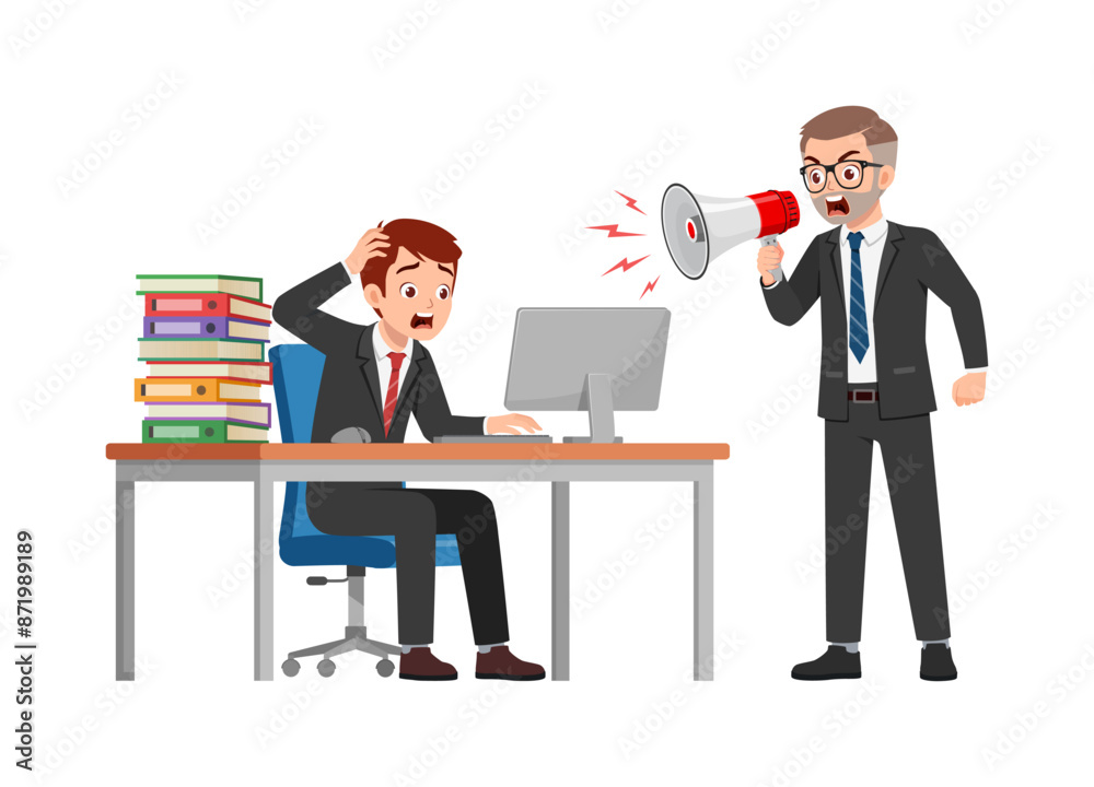 man employee sit in desk working on office with computer, boss standing angry man employee sit in desk working on office with computer, boss standing angry